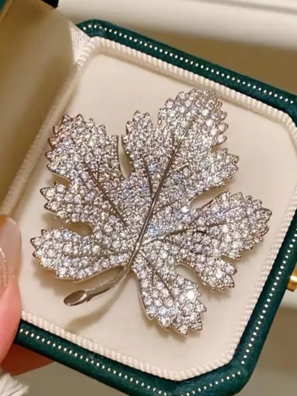 Sparkling Silver Leaf Brooch - Elegant Crystal Accent